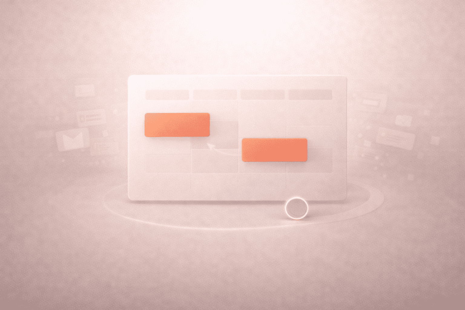 Minimalistische 3D-Illustration auf warmem cremebeigem Hintergrund mit einer schwebenden Kalenderkarte in der Mitte, zwei korallorangenen Anker-Blöcken, sichtbaren Pufferabständen, einer dezenten Verschiebungslinie und einem kleinen Timer-Ring unten rechts, während transparente Benachrichtigungssymbole im Hintergrund verblassen.