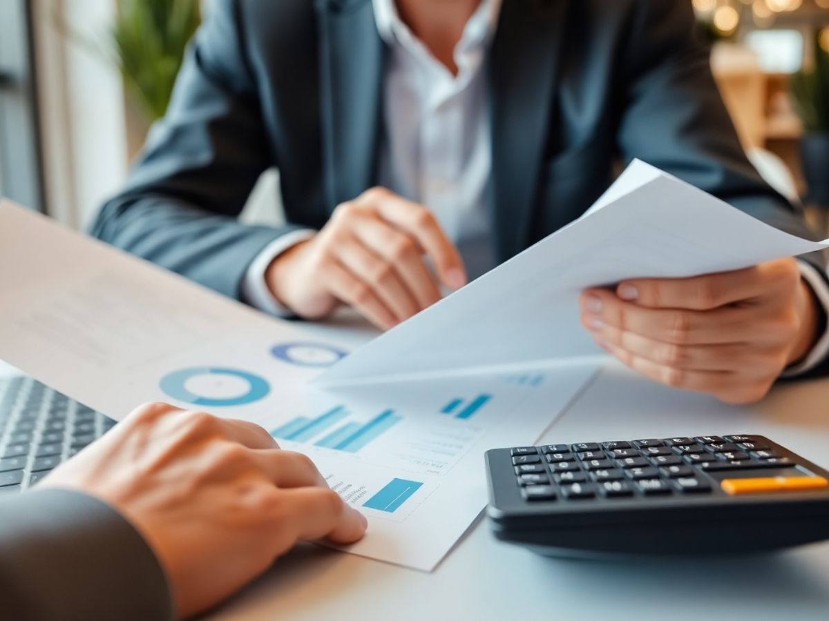 Person analyzing financial documents with technology in office.