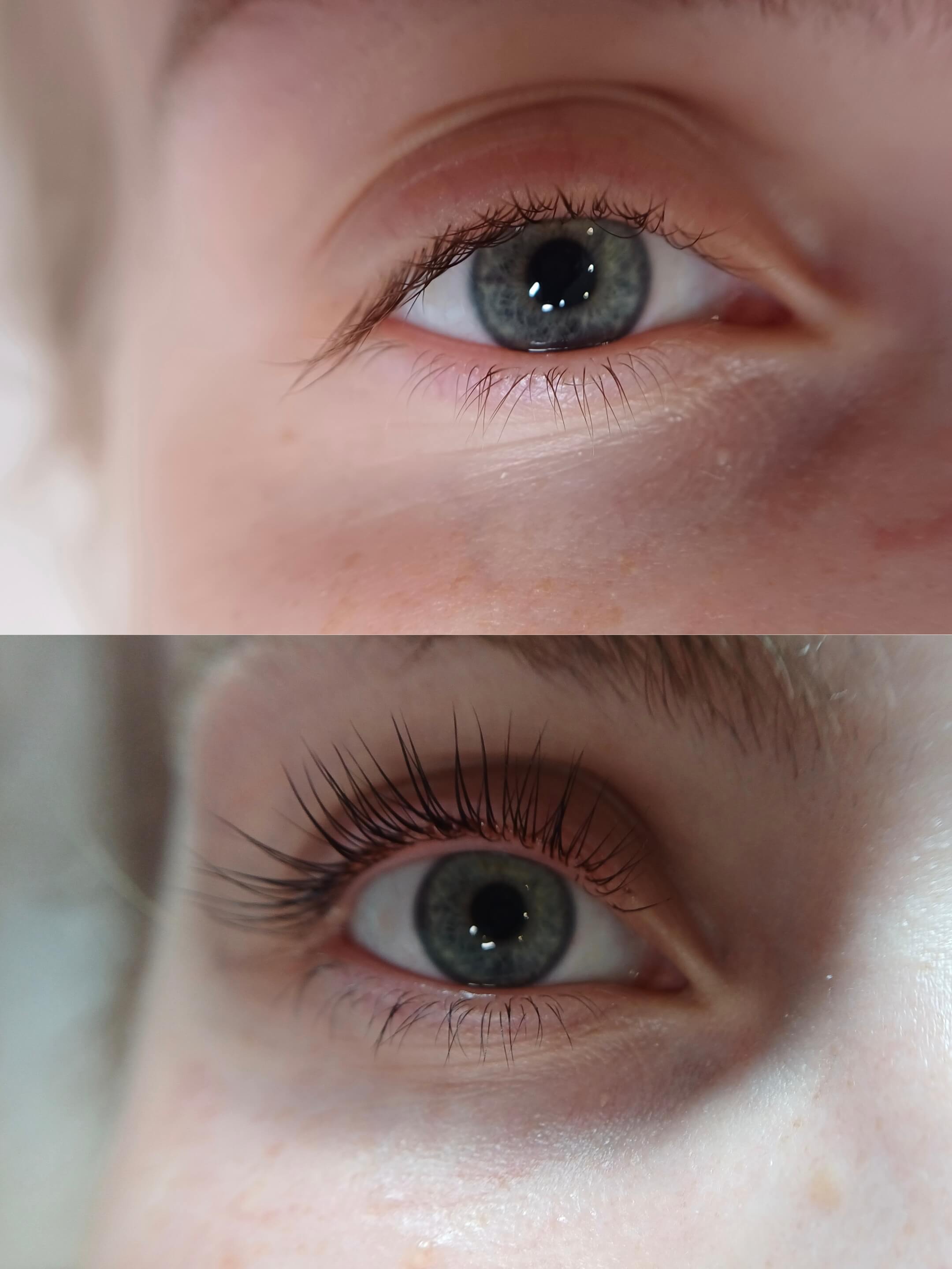 Rezultat liftingu rzęs ELLEEBANA – efekt podkręcenia i zagęszczenia rzęs w studio Olala w Kozienicach.