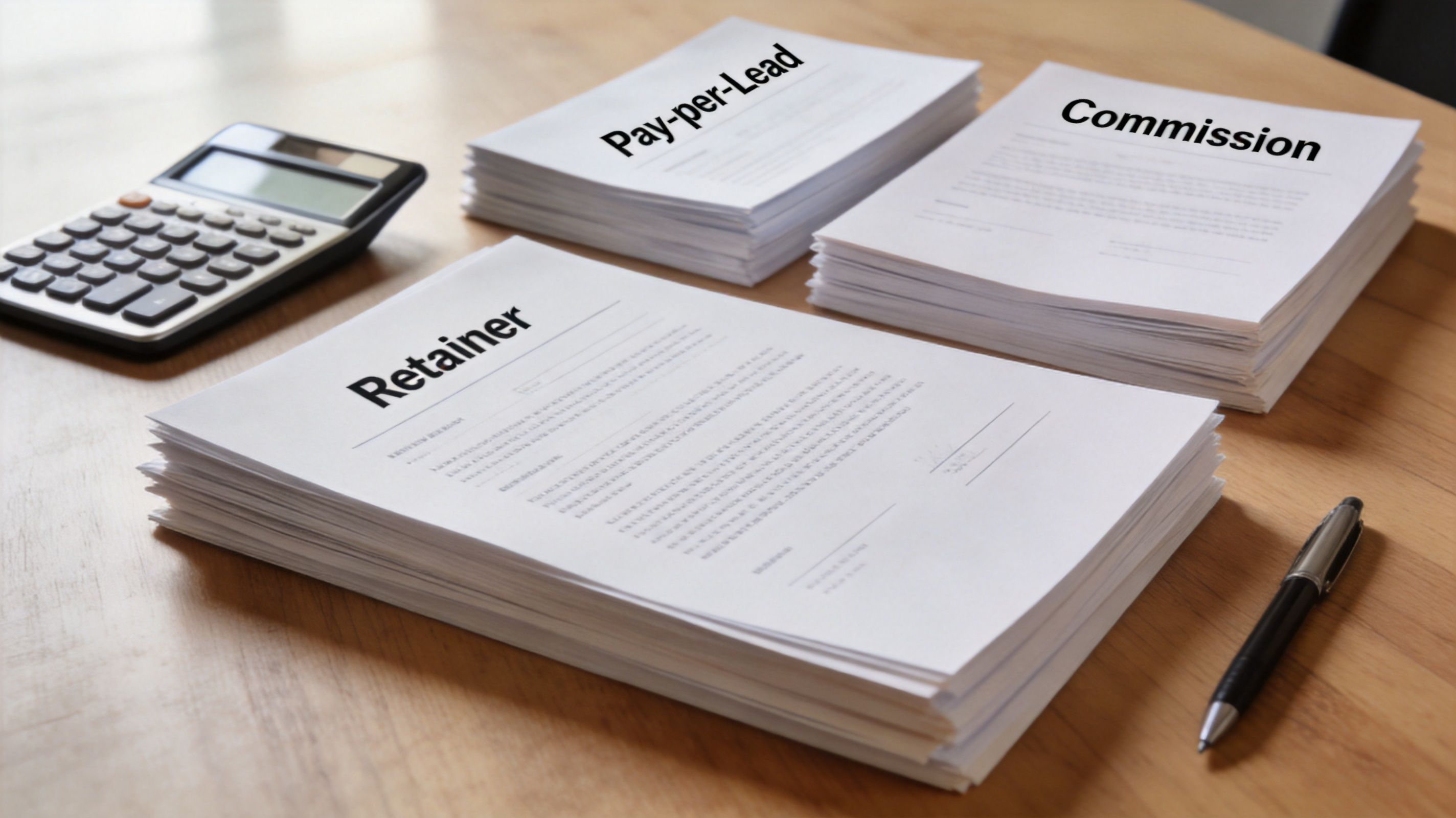 Three stacks of business documents labeled Retainer, Pay-per-Lead, and Commission sitting next to a calculator and pen.