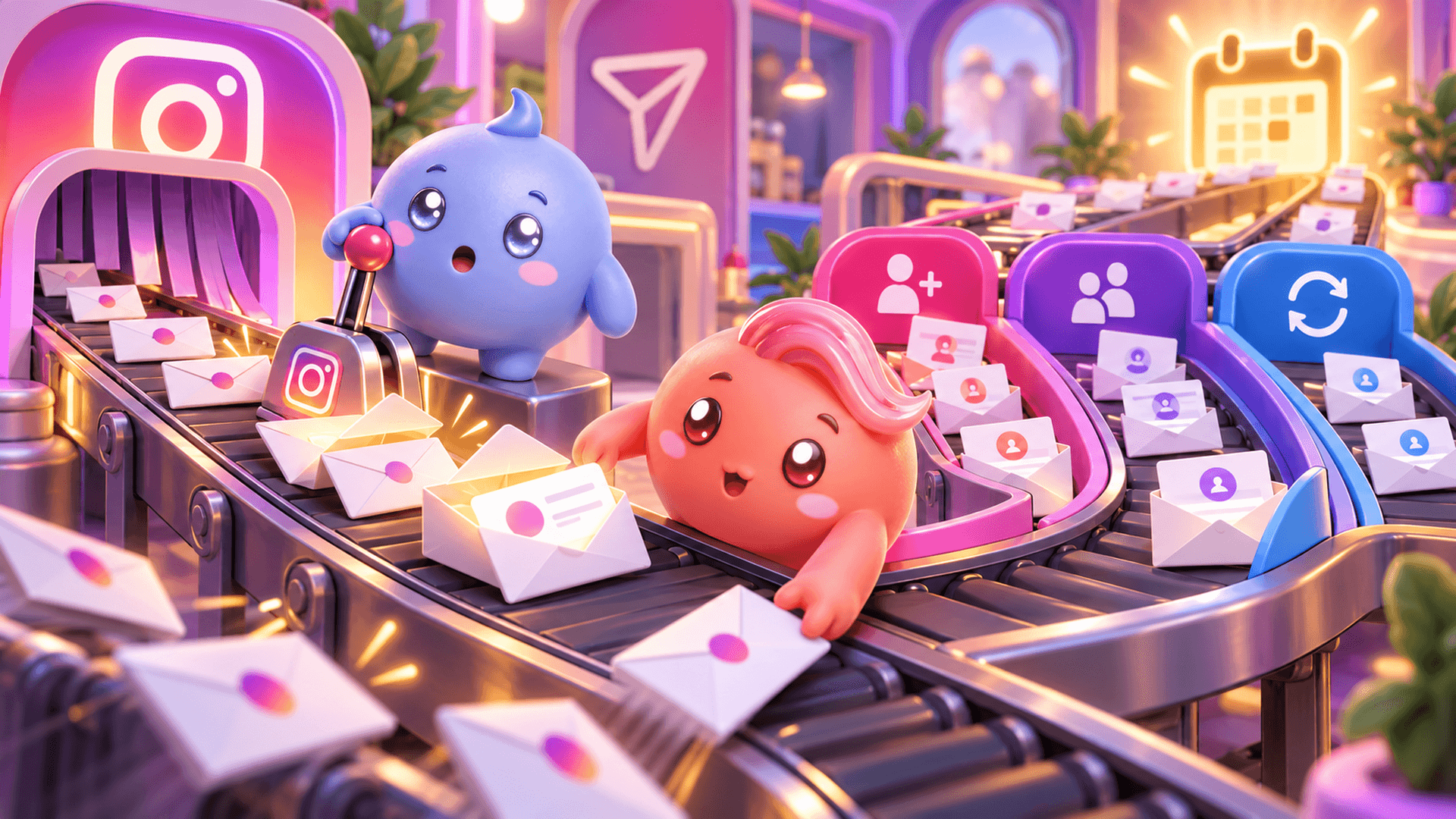 Two Mochi mascots guide Instagram message envelopes from an automated trigger into organized paths for new leads, qualified conversations and follow-ups.