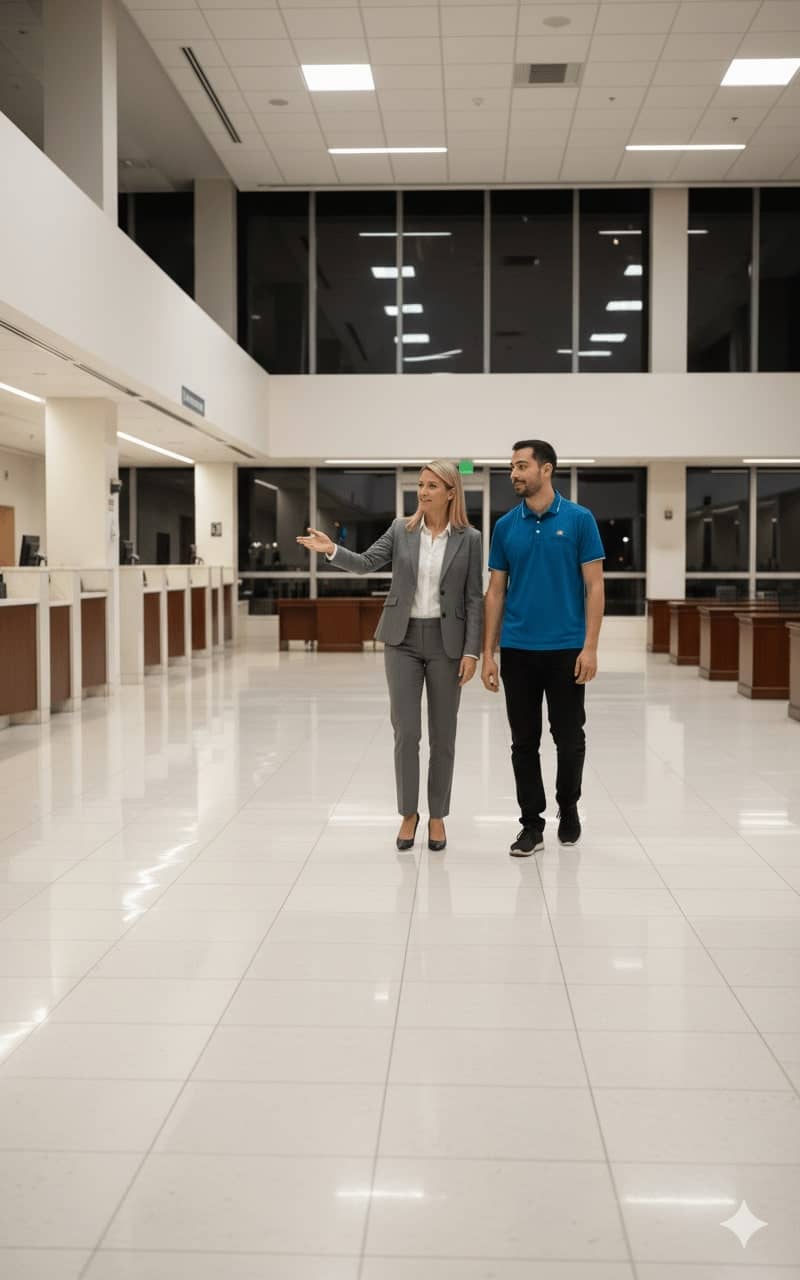 Two colleagues walking through a bright, freshly cleaned Coffs Harbour workspace maintained by Pacific Breeze Cleaners — promoting productivity and health.