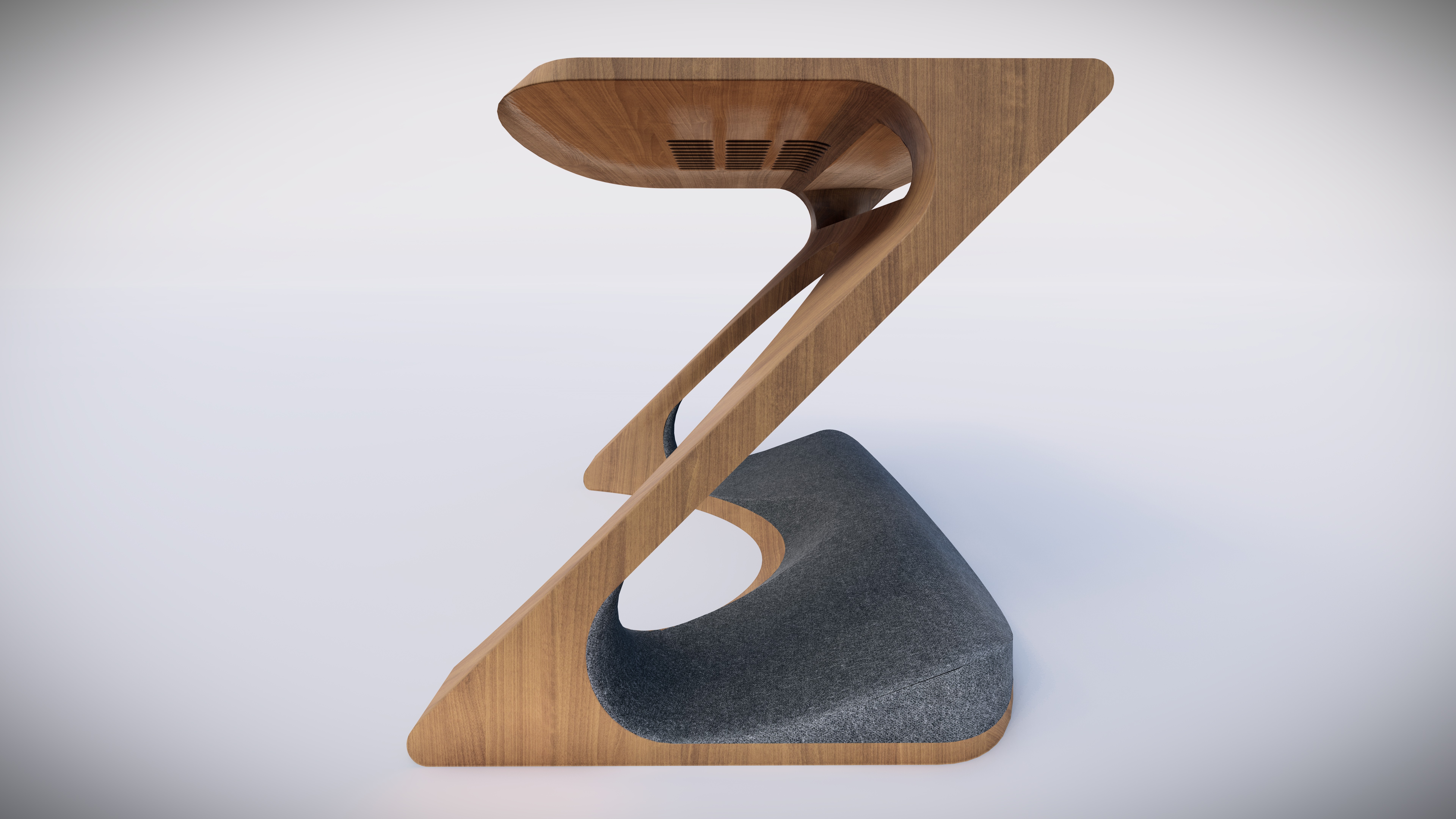 Side view of a modern Z-shaped wooden desk with an integrated soft fabric element, showcasing a sculptural and ergonomic furniture design on a minimal light background.