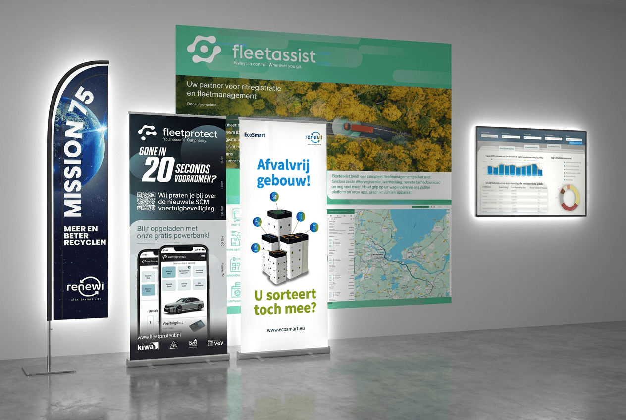 Beachflag, roll-ups, posters en lichtbak voor Mission75 en Fleetassist
