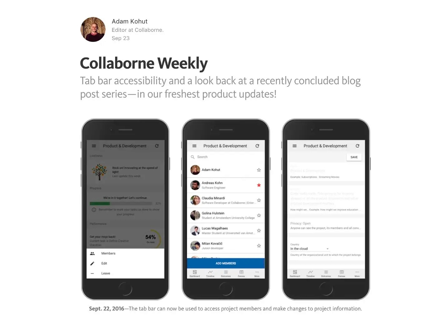 A screenshot of “Collaborne Weekly,” a blog post containing product updates that is released each Friday.