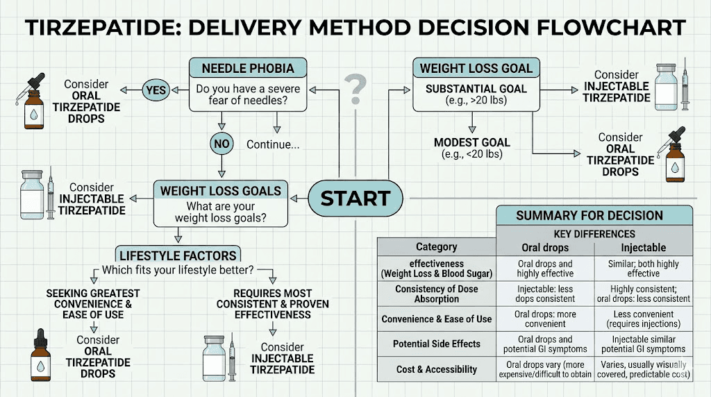 Decision guide choosing between oral tirzepatide drops and injectable tirzepatide