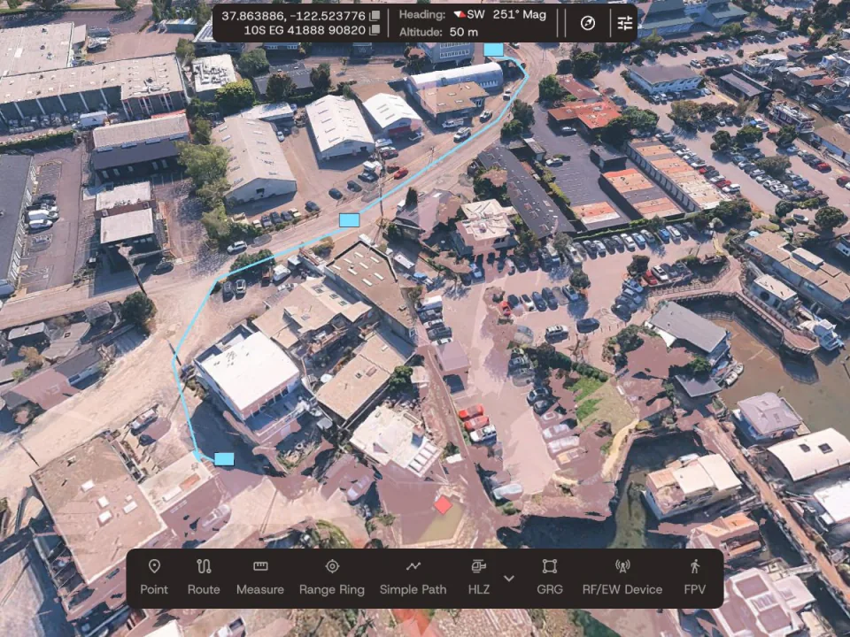 Farsight 3D map with a planned route drawn through a waterfront neighborhood