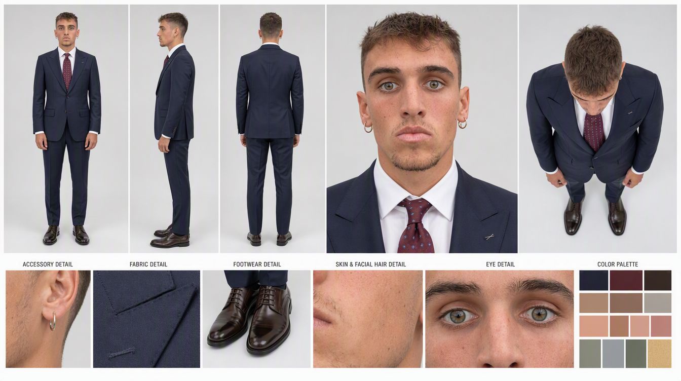 Navy suit, white shirt, burgundy tie, dark brown shoes.