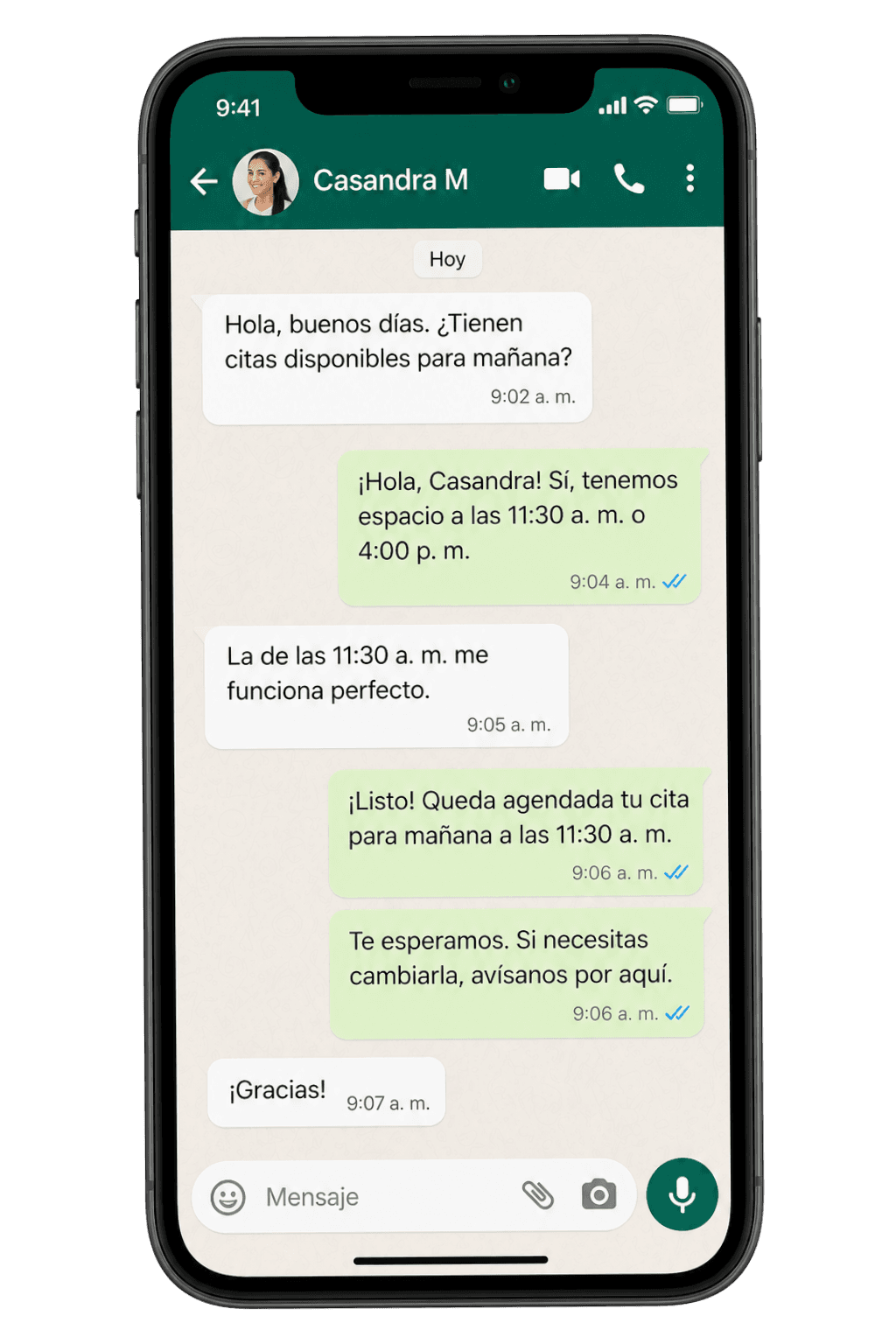 WhatsApp chat scheduling an appointment using CRM and IA.
