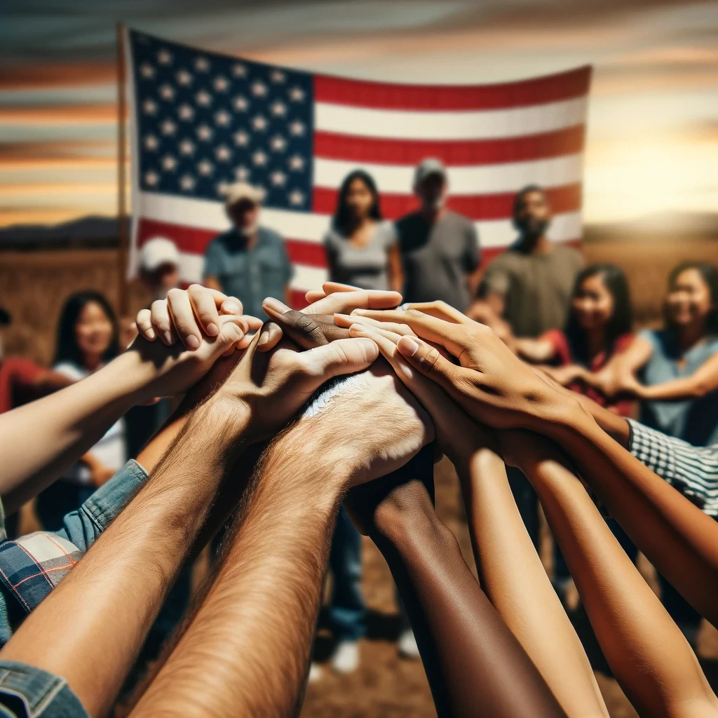 Diverse group of people holding hands in solidarity, with an American flag in the background, representing the unity and support within the immigrant community facing deportation challenges.