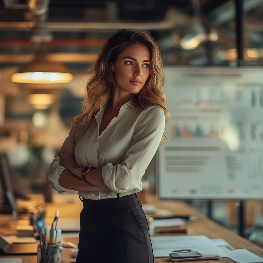 Woman with arms crossed in conference room with white board.