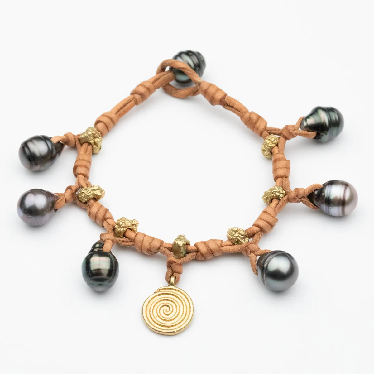 Gold nuggets and baroque circle Tahitian Pearls with spiral pendant on wrapped natural leather bracelet — Manos de Oro Saint Barth