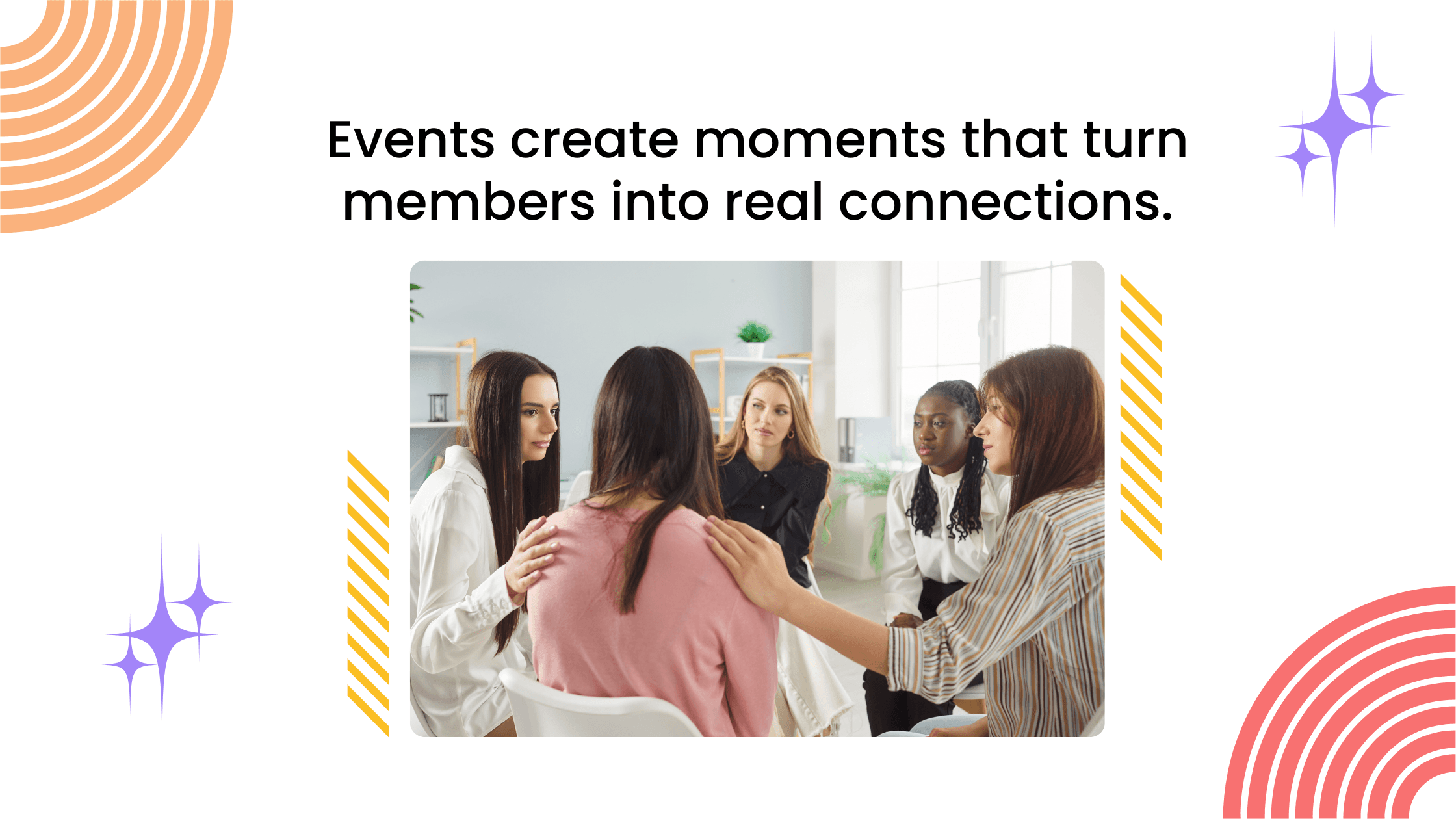 Coaching community members sitting in a circle during a group session, showing how events help members build real connections.