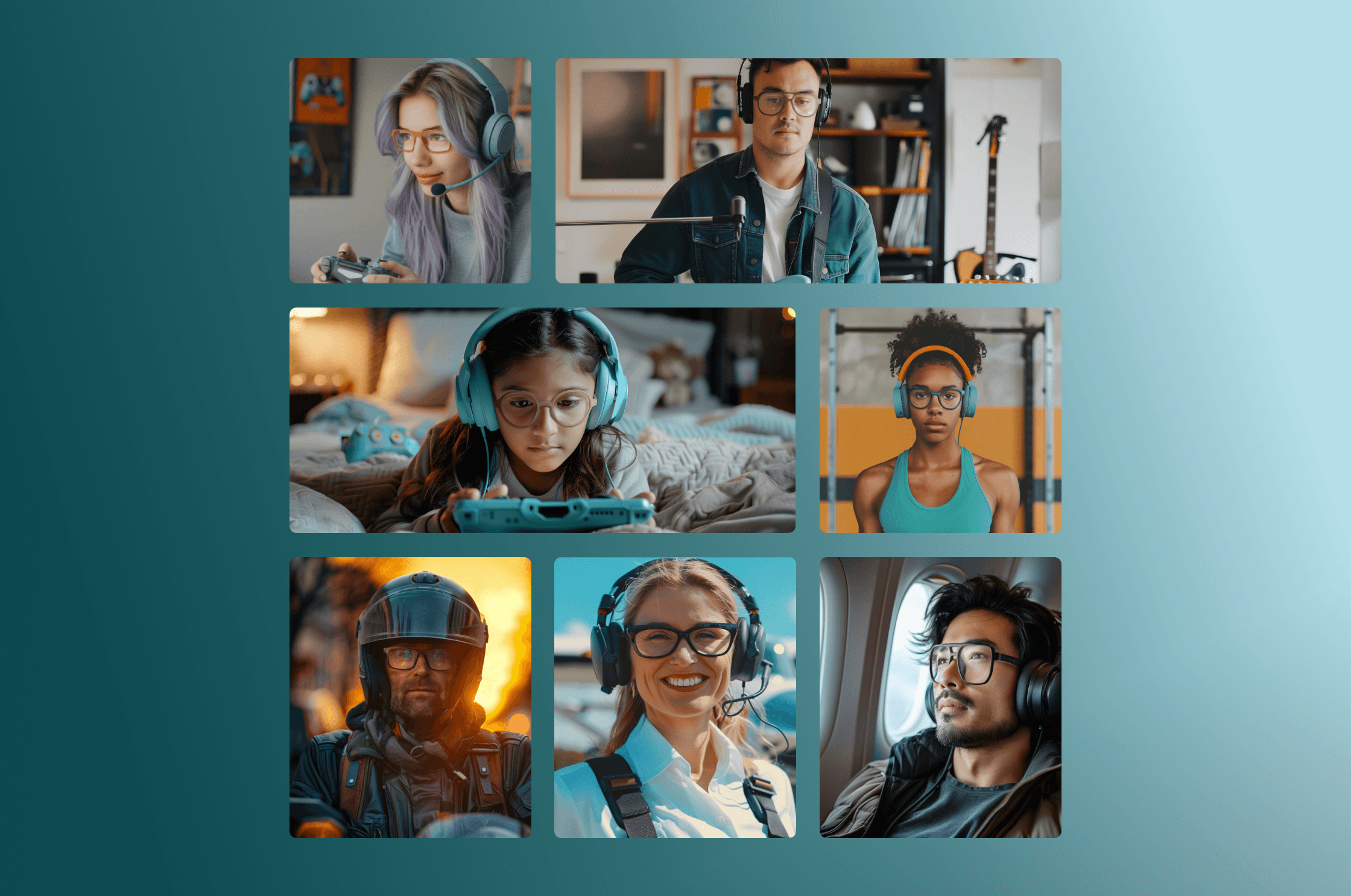 ollage of seven diverse people wearing Zenni OptiFlex frames with headsets in gaming, fitness, and travel settings