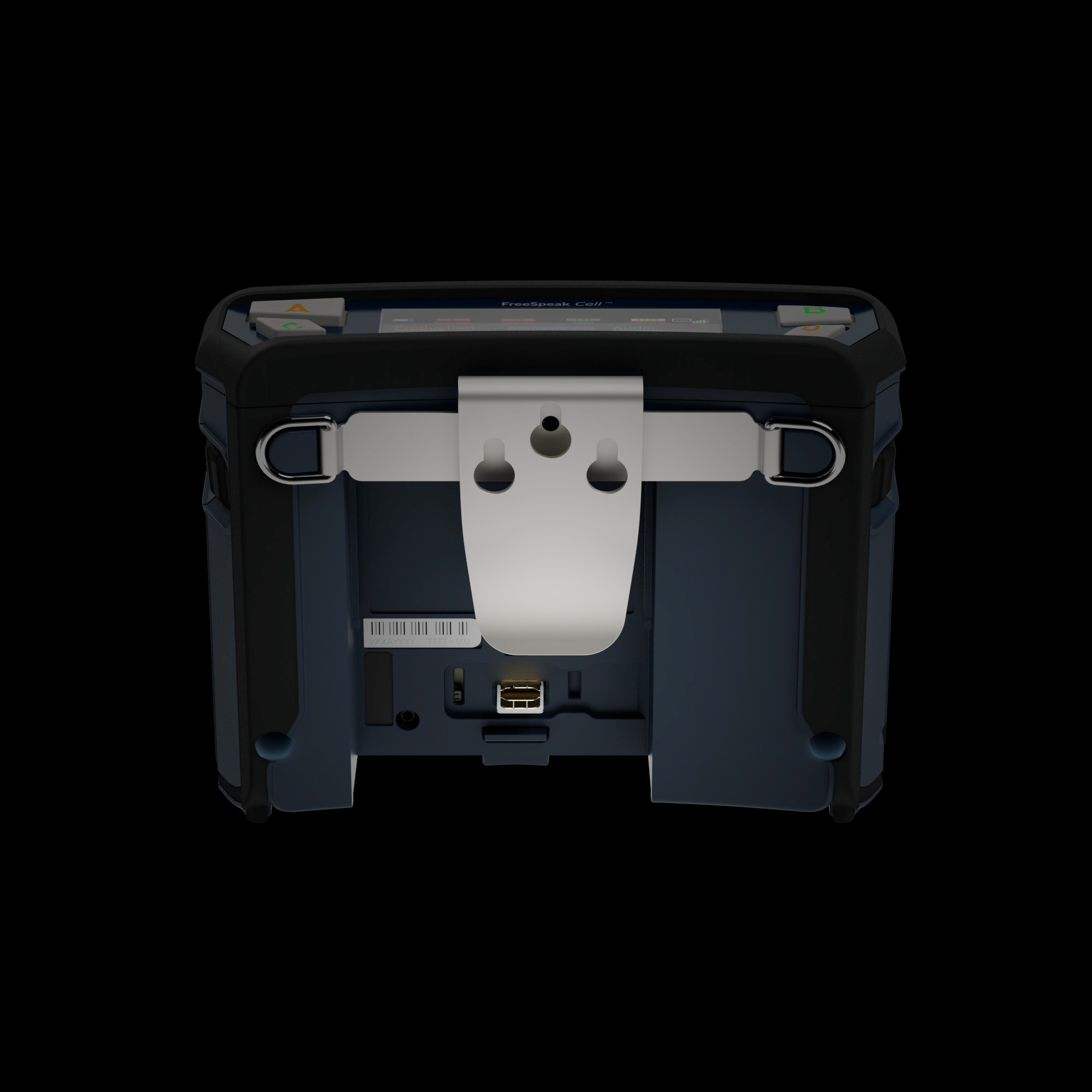 Back of the FreeSpeak Cell beltpack showing the SIM card slot for cellular connectivity.