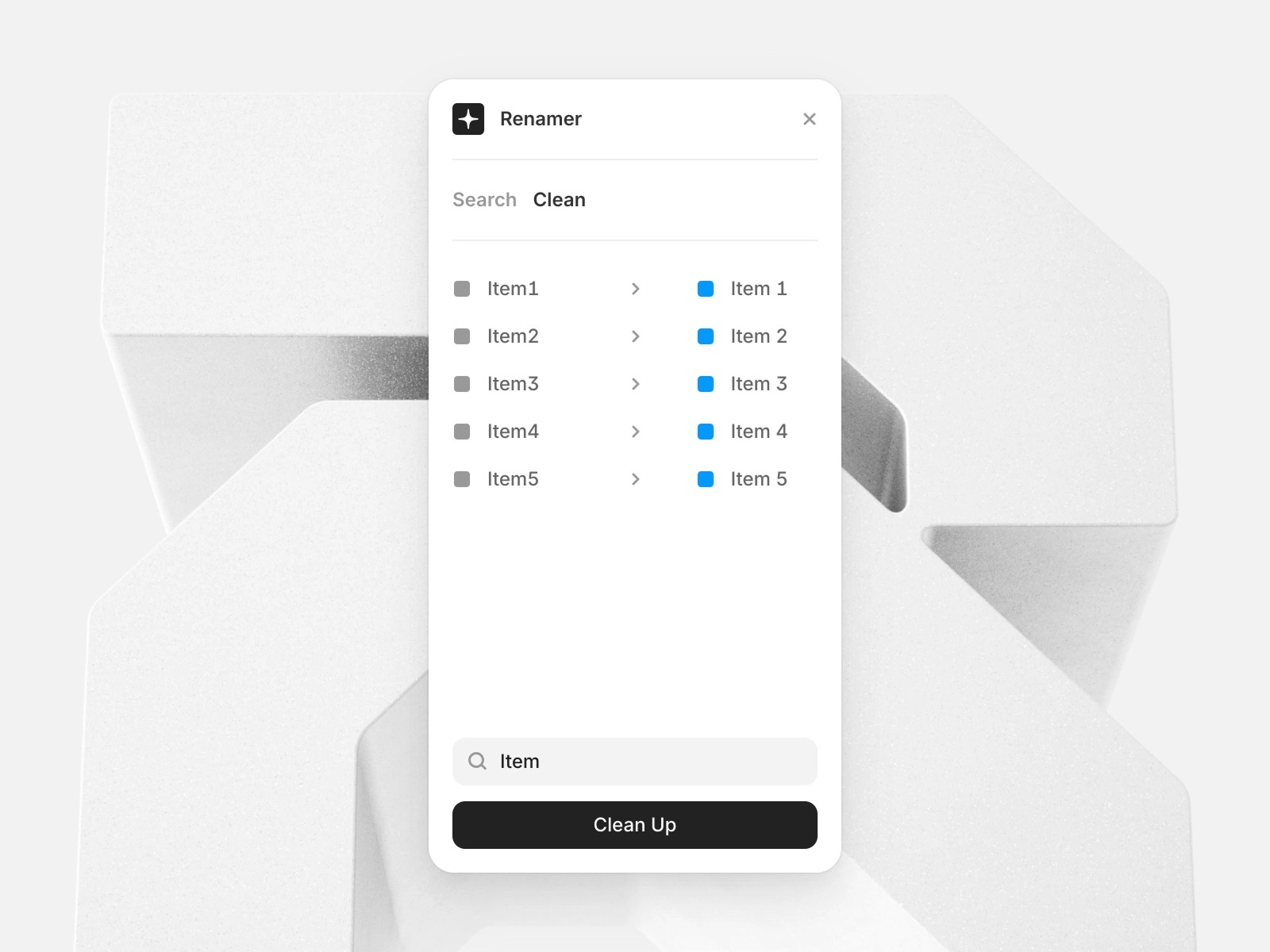 File renaming interface with five items listed and a clean-up option.