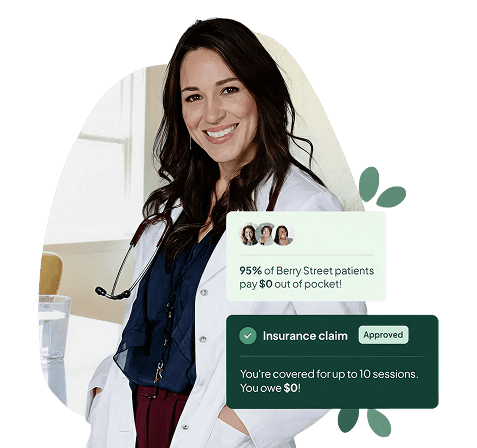 Woman smiling at her phone learning her nutrition therapy is covered by insurance