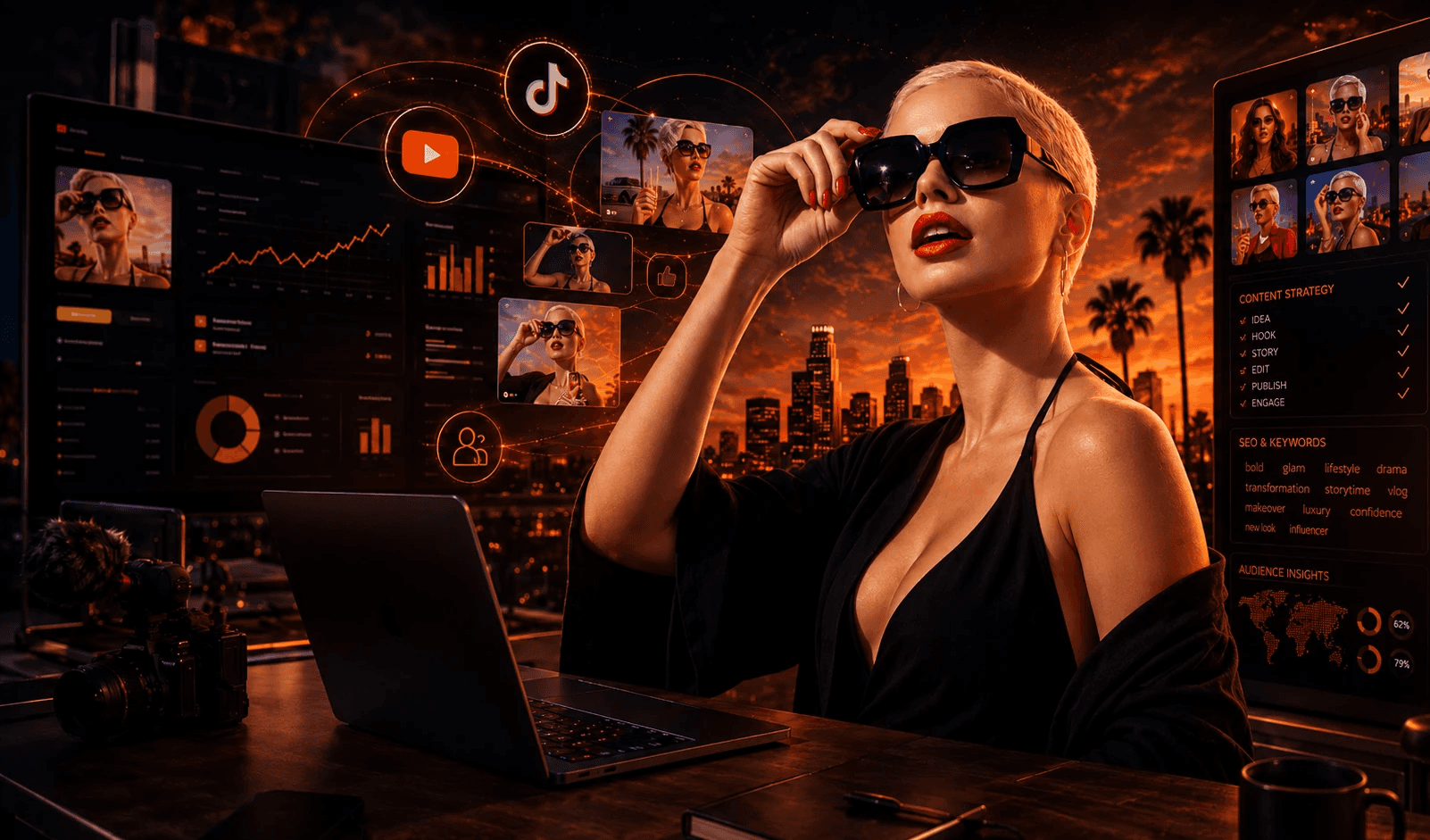 A stylish individual wearing sunglasses sits at a desk with a laptop, surrounded by high-tech screens displaying social media analytics and digital content creation elements, embodying modern innovation in branding and design by Optima Quality Solutions.