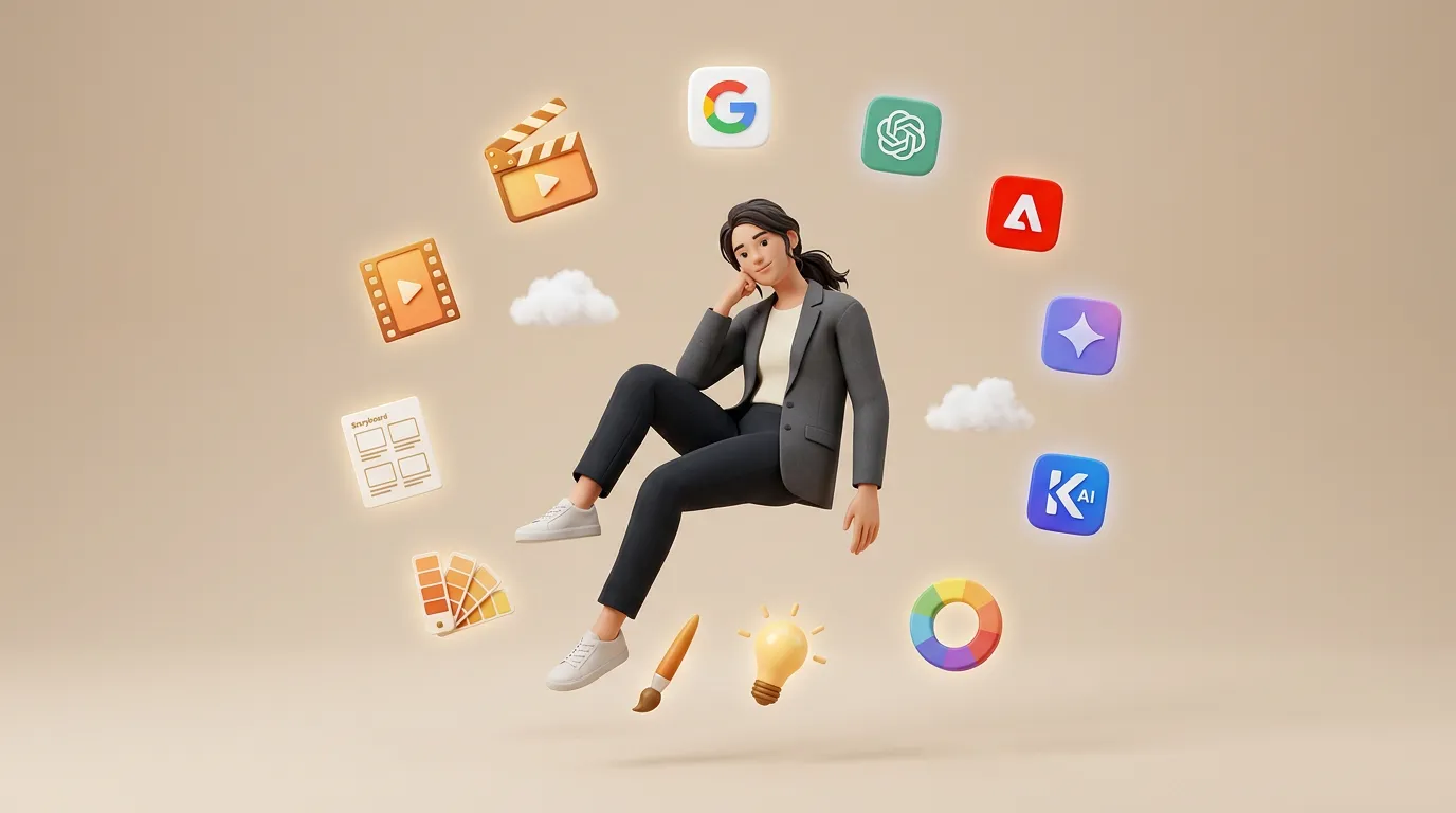 3D illustration of a creative director surrounded by filmmaking tools and AI generative app icons