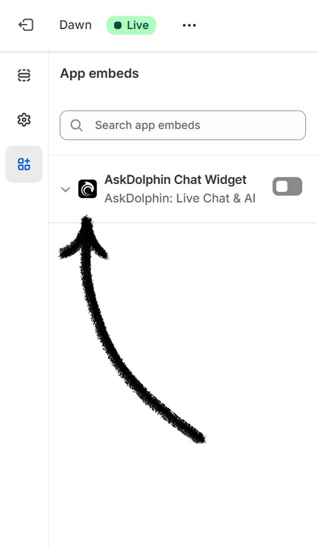 Shopify App embeds section displaying the AskDolphin Chat Widget embed option, with an arrow pointing to expand the widget settings.