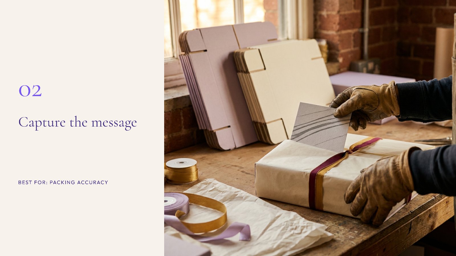 A packer tucking a printed gift message card into a wrapped clothing box