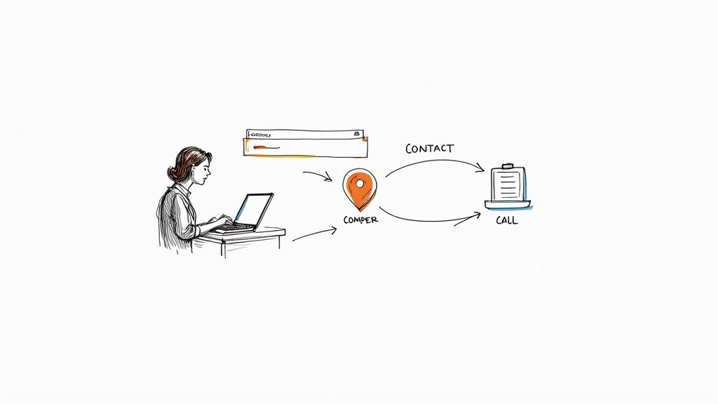A sketch of a woman using a laptop to manage customer leads and initiate calls.