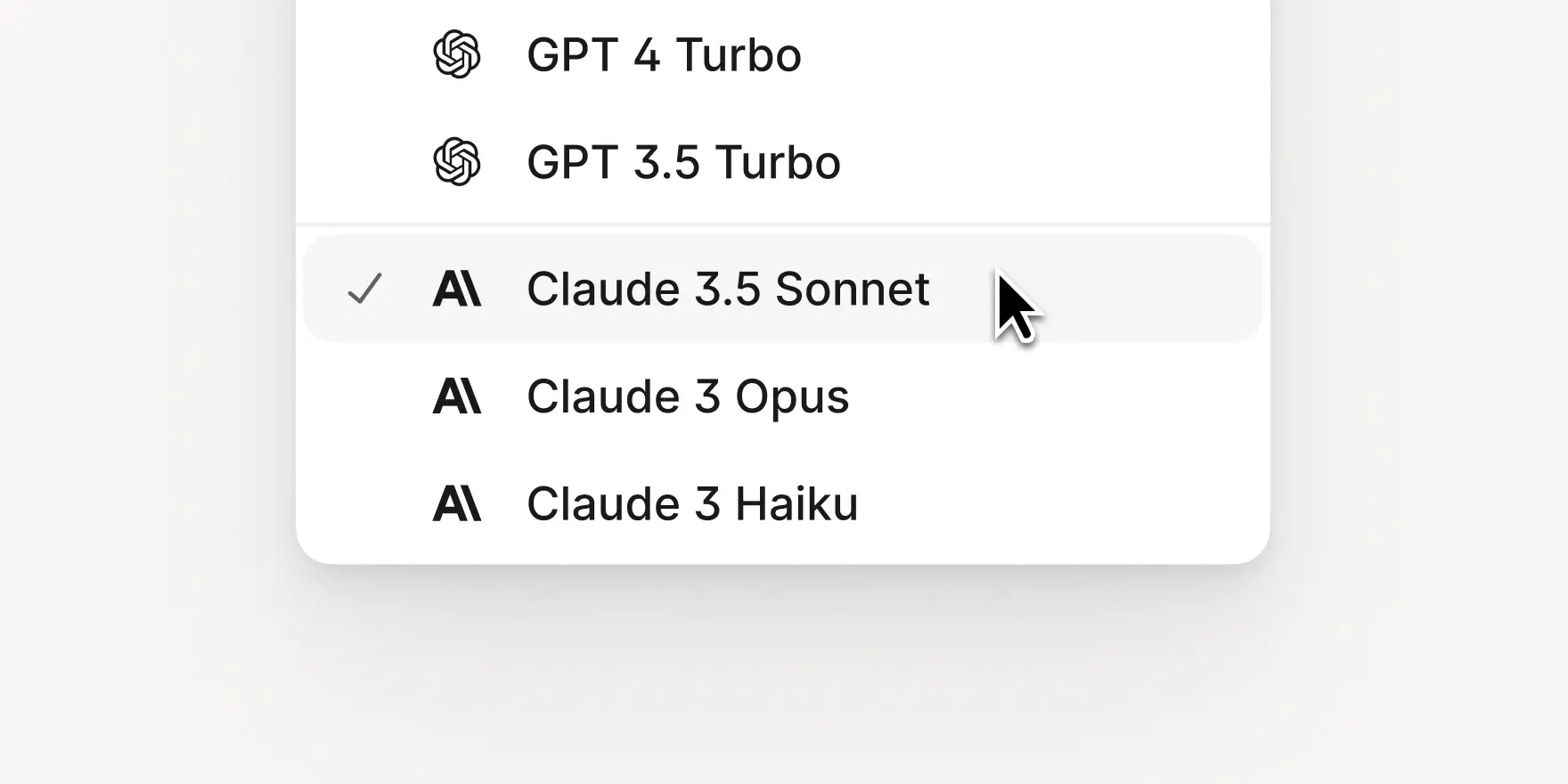 Claude 3.5 Sonnet selected in AI model list