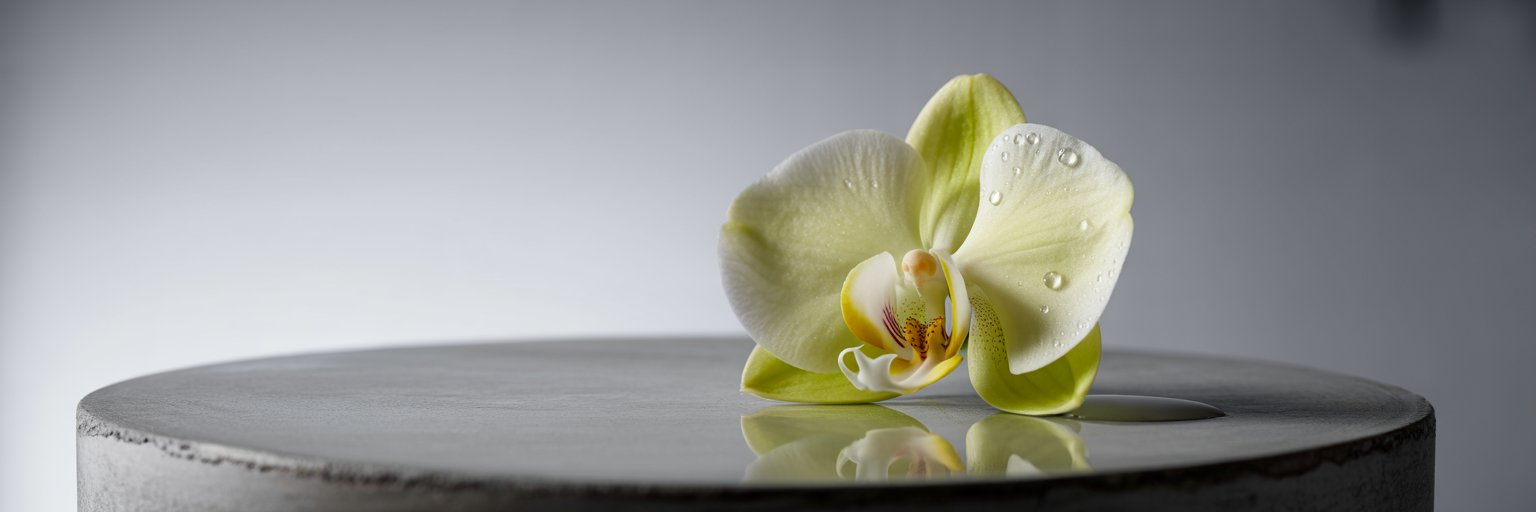 Nahaufnahme einer weißen Orchidee mit Tautropfen – Symbol für Schönheit und Präzision in der Marketingunterstützung.