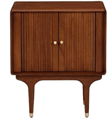 Compact wooden storage cabinet with textured doors and tapered legs