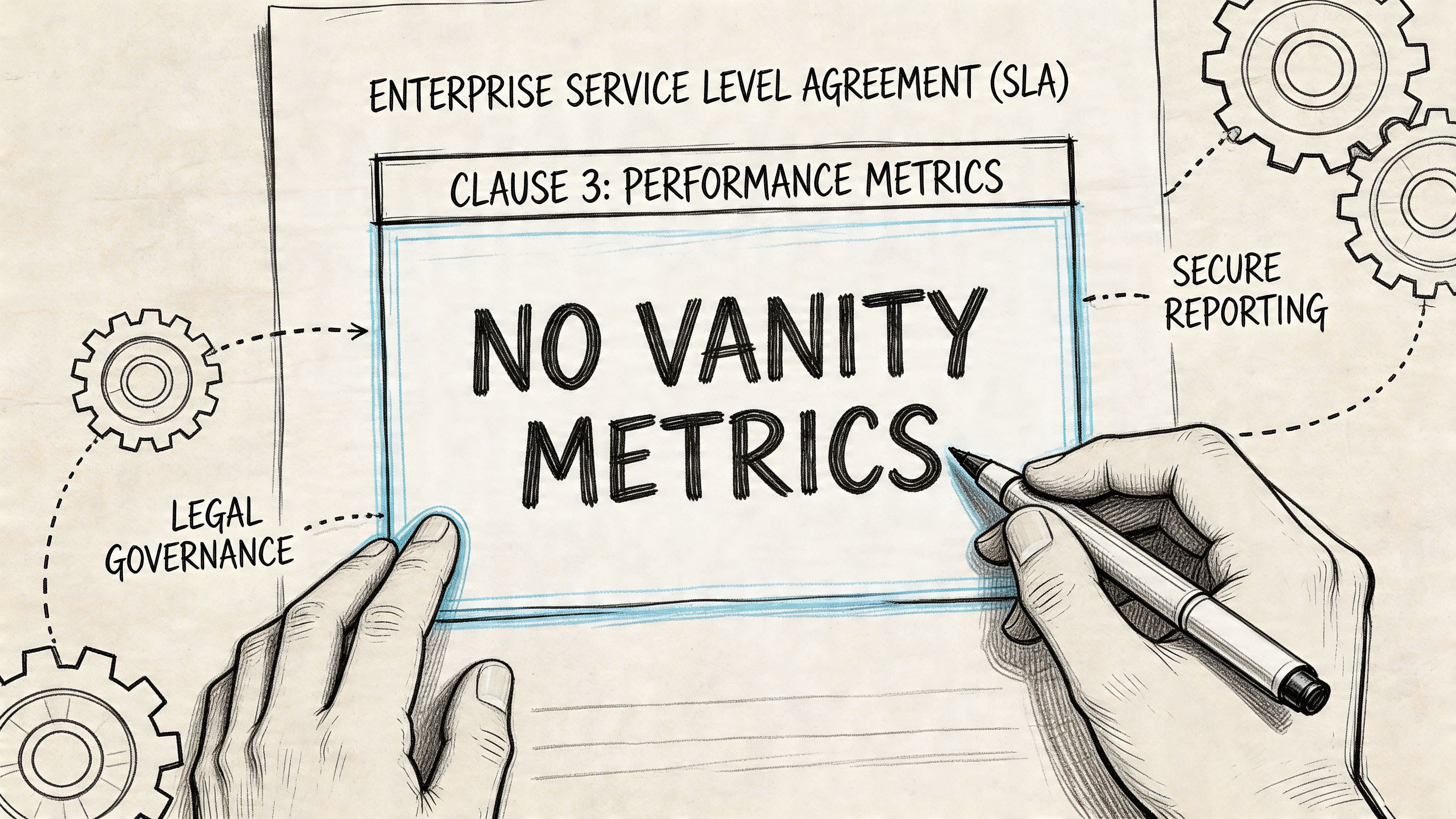 A hand writes No Vanity Metrics on an enterprise service level agreement document with professional gear icons.