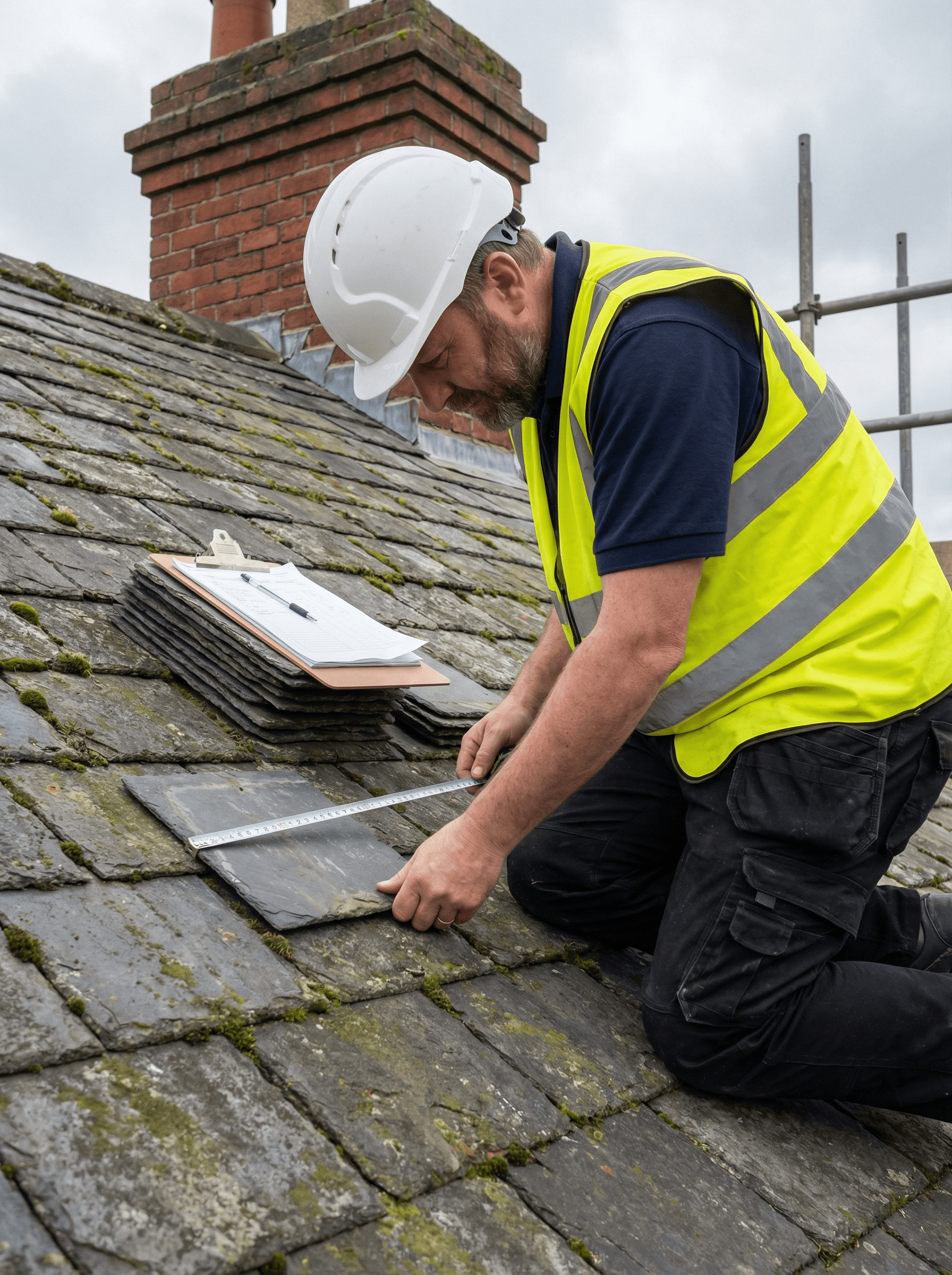 a man in a yellow shirt with a chainsaw on a roof