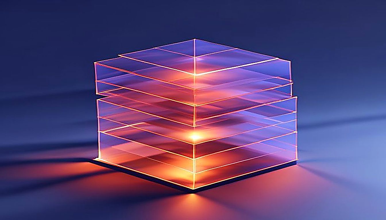 Misaligned translucent squares snapping into order from one corrected base layer, illustrating how upstream brand strategy unlocks design-driven growth.