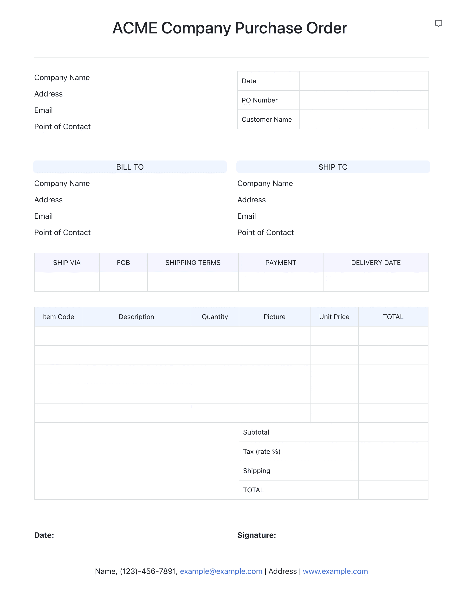 Purchase order template example