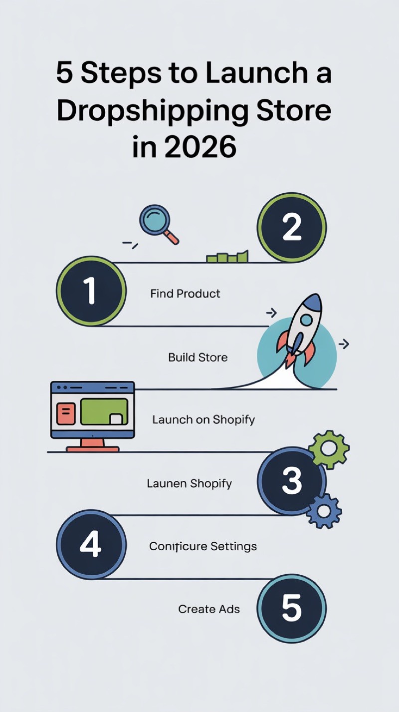 Infographic: 5 steps to launch a dropshipping store in 2026 — Find Product, Build Store, Launch on Shopify, Configure Settings, Create Ads
