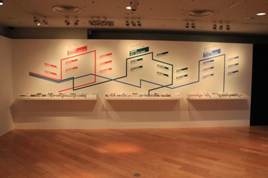 exhibition view with posters neat the wall and vinyl graphs installed on the wall
