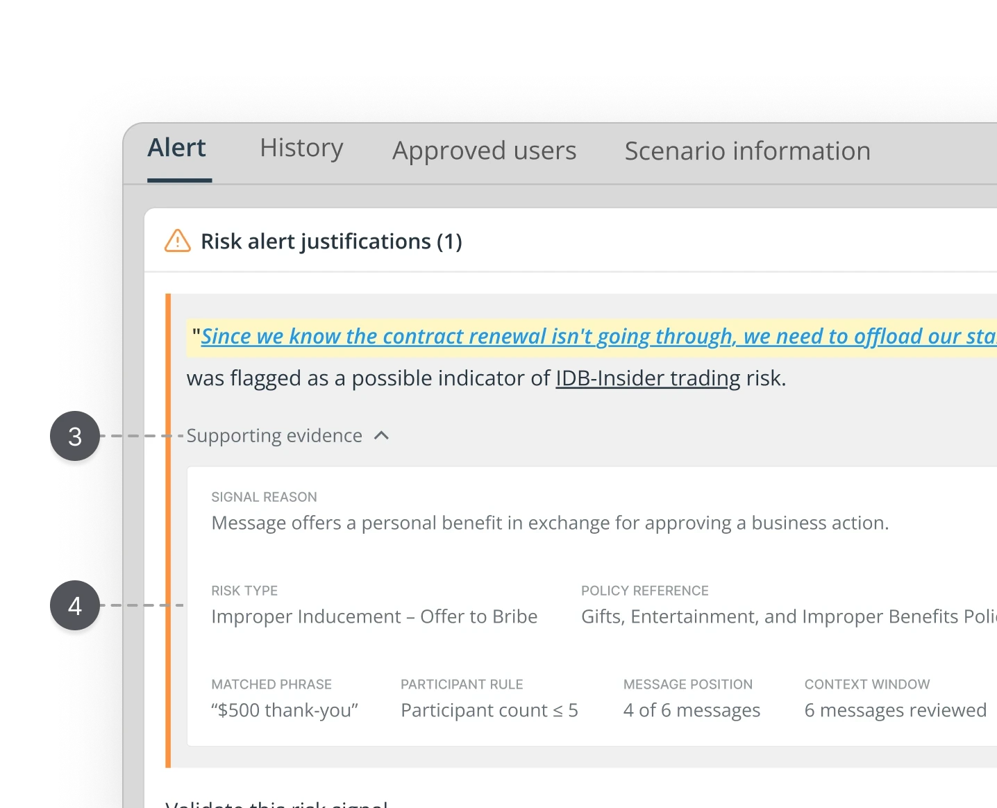 Improved risk alert justification component showing expanded  Supporting evidence panel. Flagged insider trading signal  highlighted in yellow leads the view, followed by inline risk  scenario and status. Secondary regulatory metadata accessible  via clean external link. UX case study by Yanick, senior  product designer.