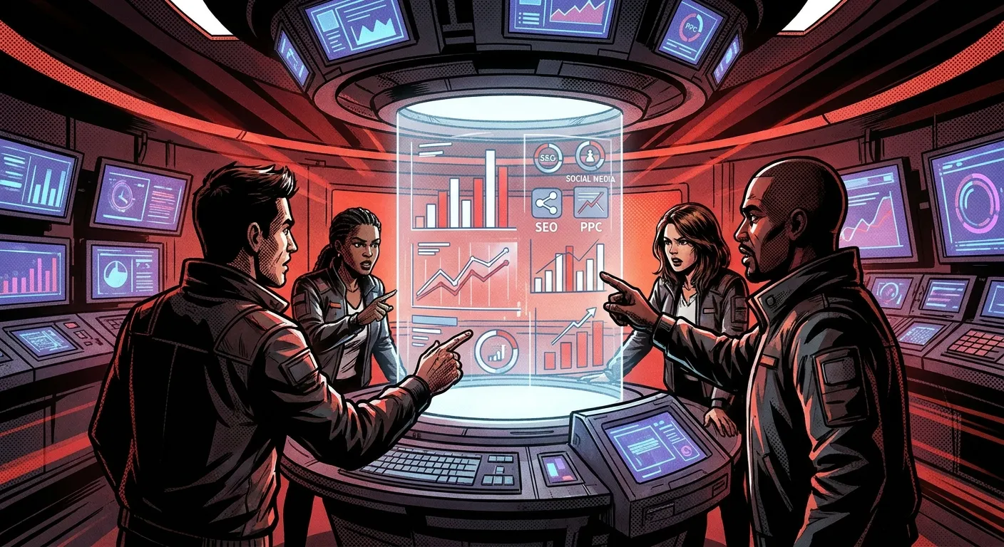 Business team analyzing holographic data; RockN' Socials Digital Marketing Agency.