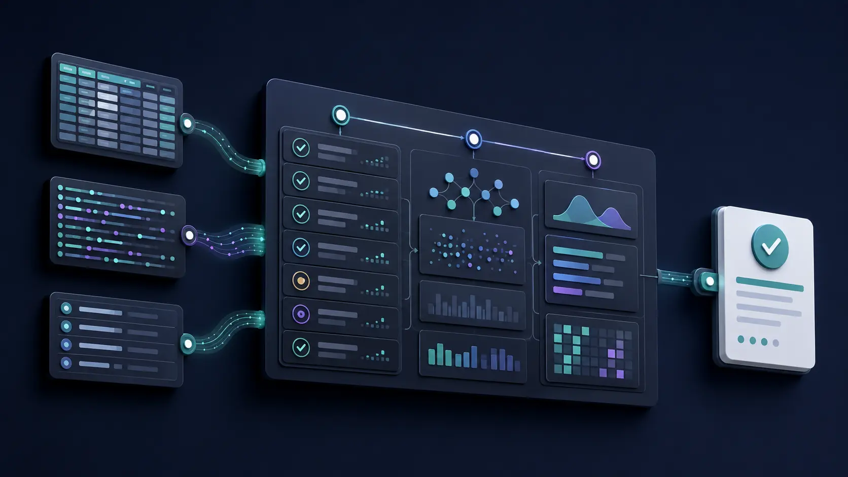 Abstract data sources flow through quality checks and analysis into one clear decision-ready output.