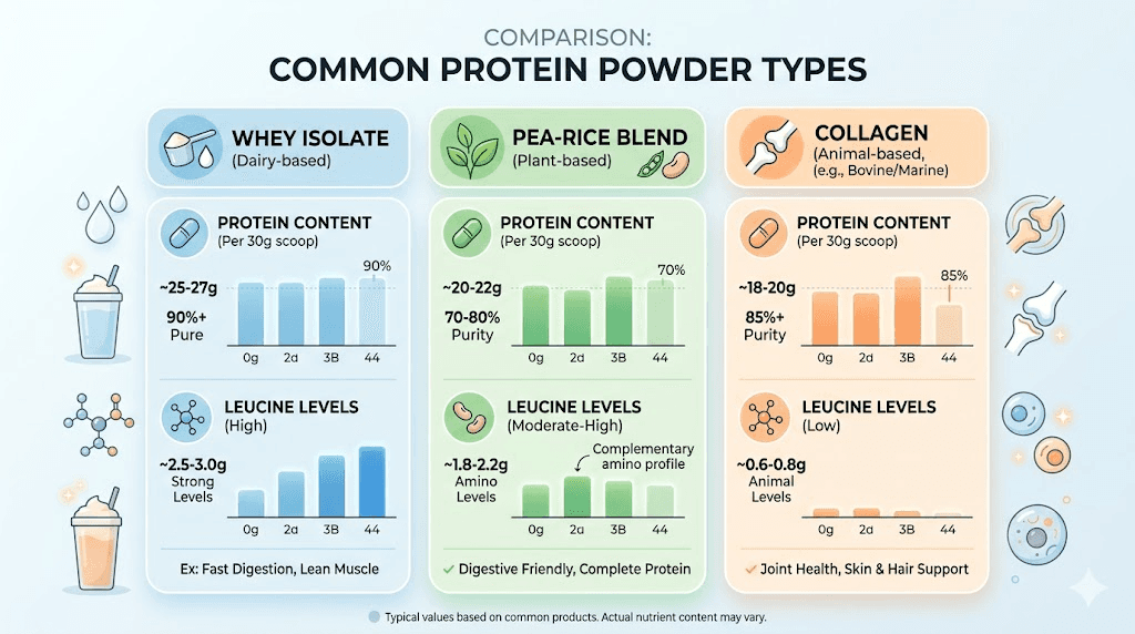 Protein powder comparison chart for GLP-1 users showing whey, plant, and collagen options