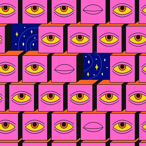 Digital illustration of many sets of eyes in cubes looking up.