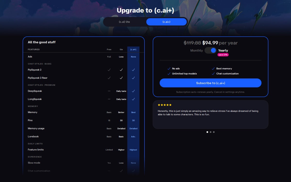 Character.AI’s c.ai+ upgrade page, September 2026.