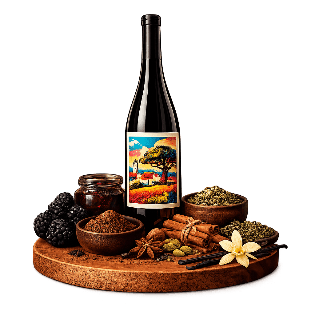 Artistic label and flavor profile for Portuguese Alentejo Red on a rustic wooden table.