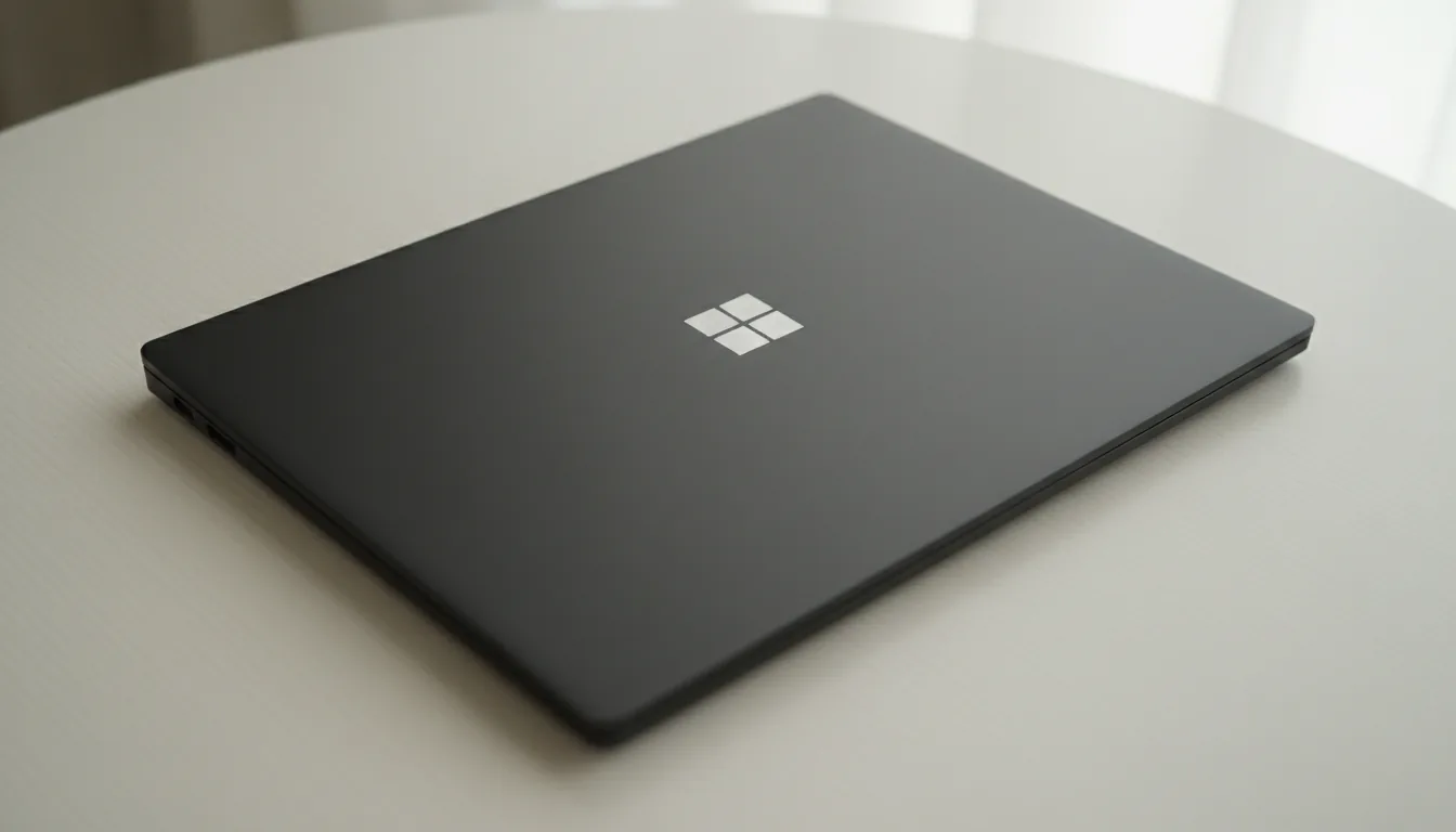 High-angle DSLR photograph, minimalist product shot of a closed, matte black Microsoft Surface Laptop placed diagonally on a clean, slightly textured off-white table. Soft, natural daylight from a window illuminates the scene from the right, creating gentle highlights and soft shadows. The focus is tack-sharp on the laptop's smooth surface and the centered white logo, with a subtle shallow depth of field.