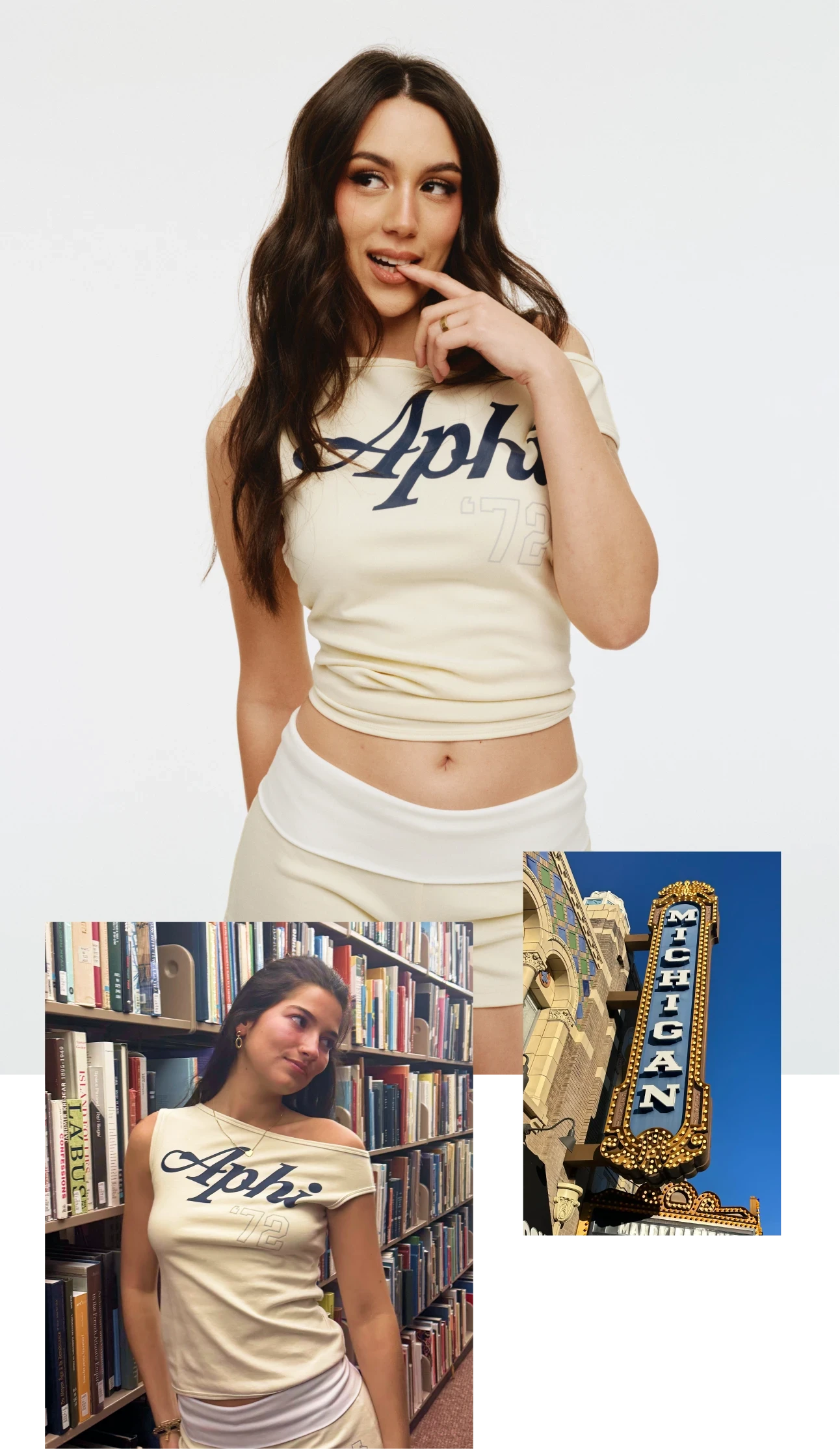 Collage of photos featuring cream off-shoulder “Aphi” top and matching cream shorts with a wide white waistband.