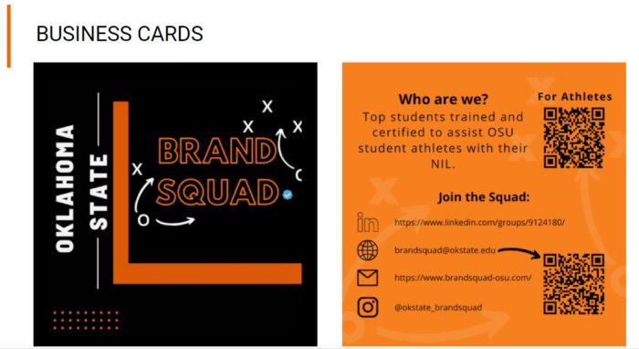 Oklahoma State Brand Squad business cards. Left card features bold text and playbook-style graphics. Right card includes QR codes, social icons, and contact info for joining the squad and assisting OSU student-athletes with NIL.