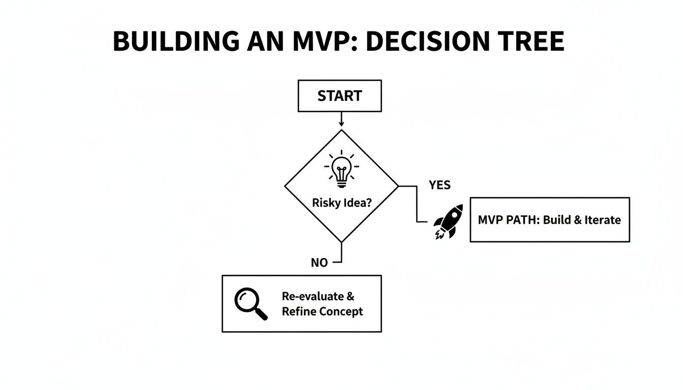 A flowchart decision tree for building an MVP, evaluating risky ideas for iteration or refinement.
