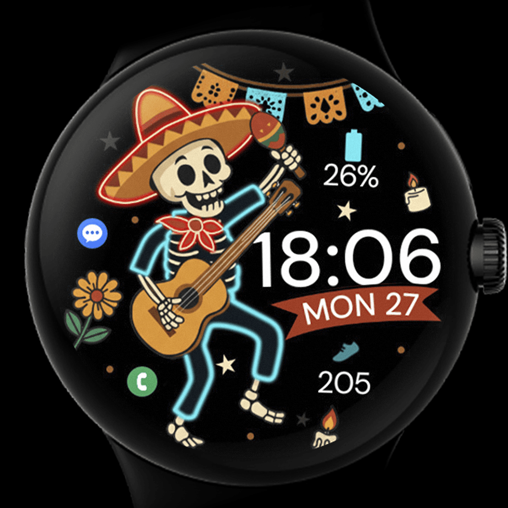 Pixel Watch displaying Día de los Muertos watch face