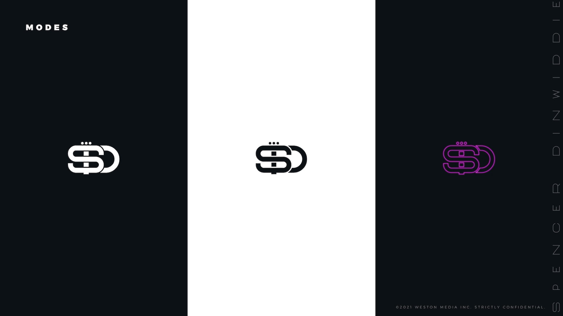 SD.26 logo modes showing white on dark, black on white, and purple neon outline variations for Spencer Dinwiddie brand identity