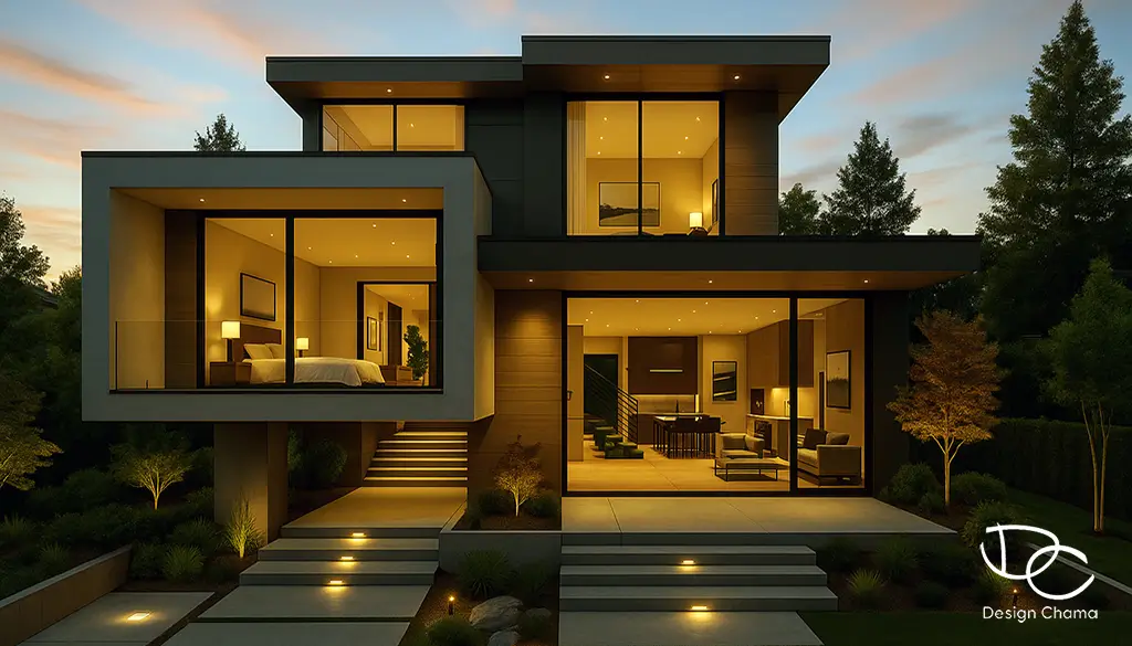 Σύγχρονη διώροφη κατοικία με μεγάλες γυάλινες επιφάνειες, ζεστό φωτισμό και διαμορφωμένο κήπο στο σούρουπο