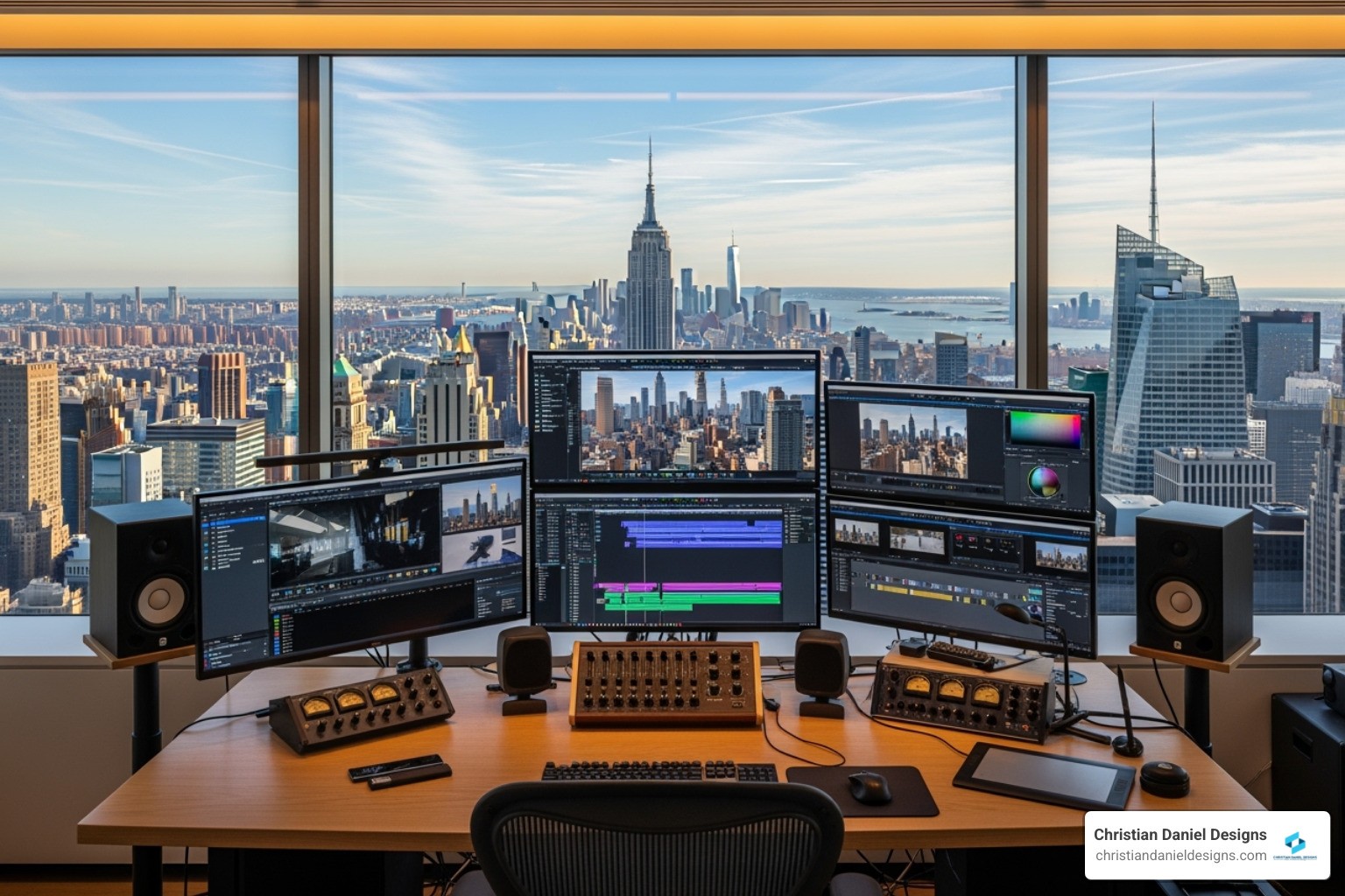 A modern video editing workstation with multiple monitors displaying various editing software interfaces and a view of NYC - music video editor NYC